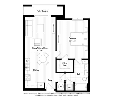 Floor plan for 1 bed, 1 bath, 721 sqft
